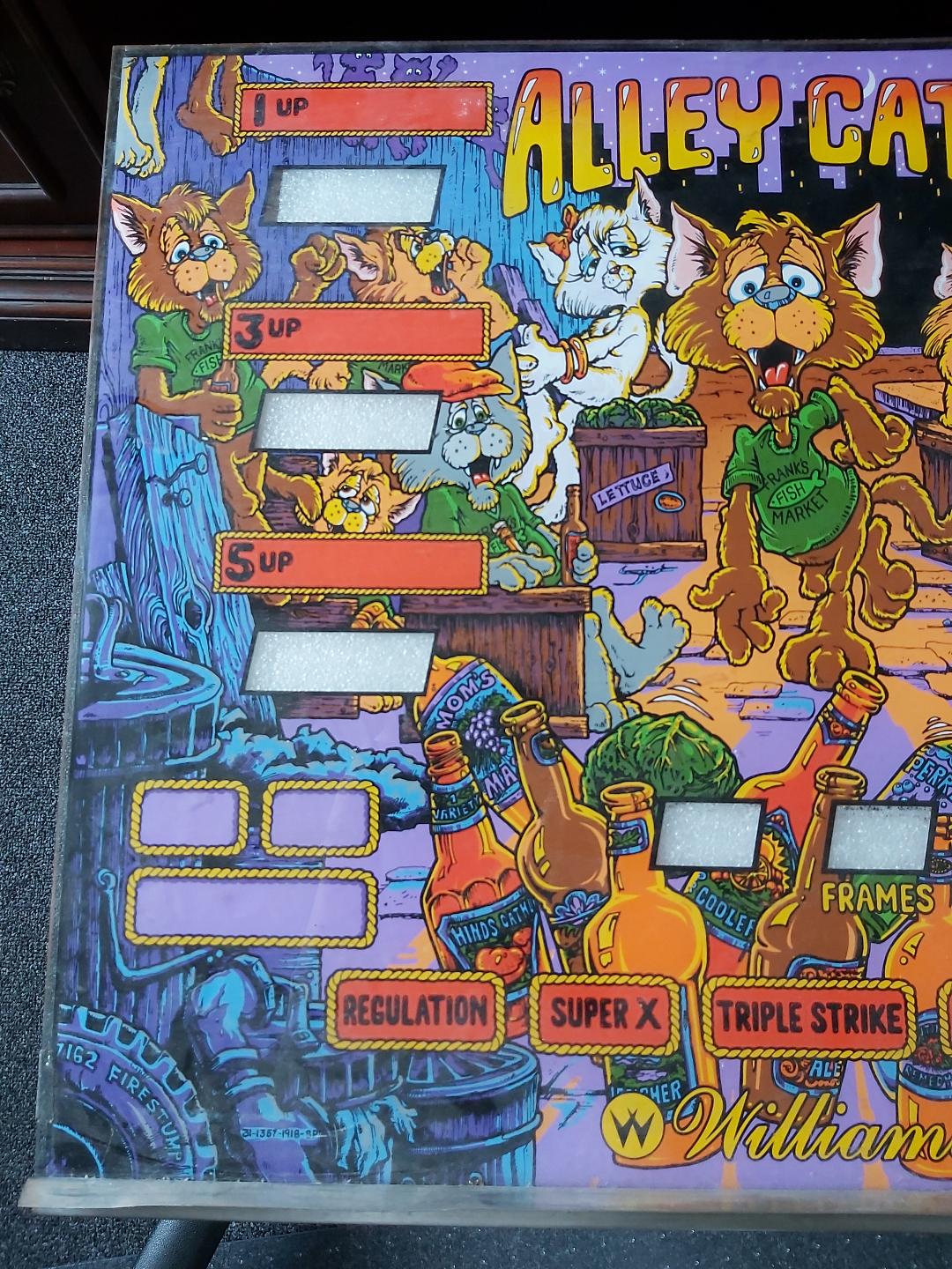 WILLIAMS ALLEY CATS Arcade Machine Game Plexiglass Marquee Graphic